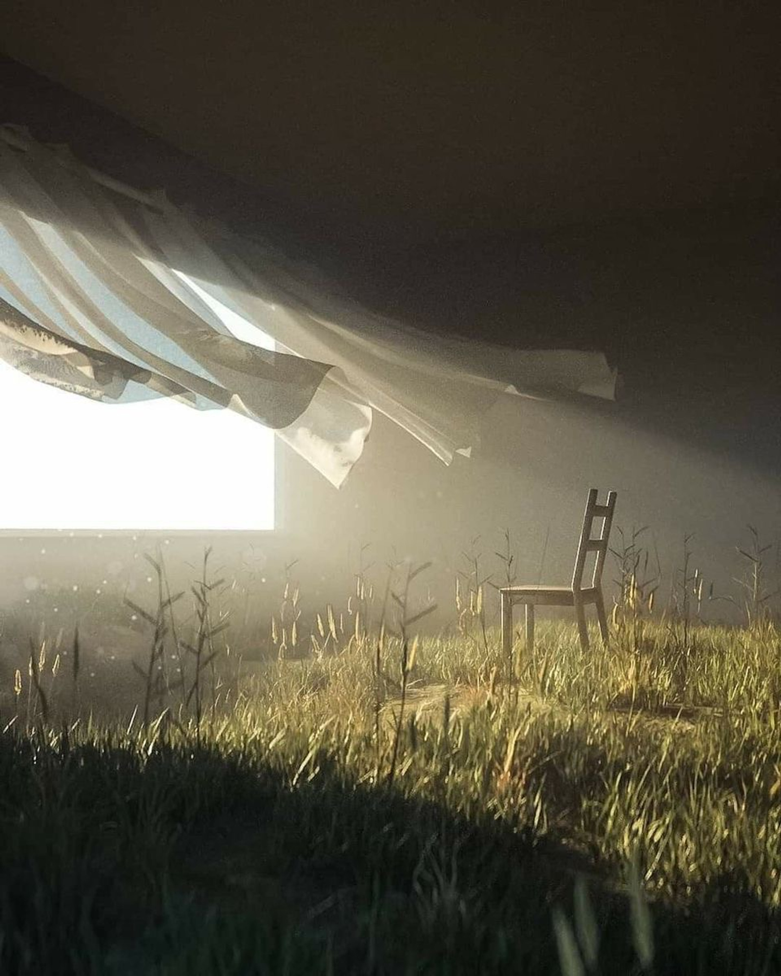 Empty chair in misty grass field